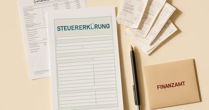 German Finanzamt tax return form with payslips and receipts arranged in a flat lay, illustrating expat tax returns.