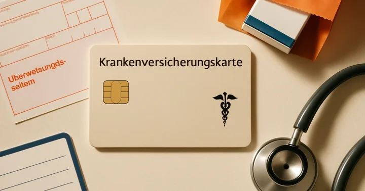 A German health insurance card, referral slip, and prescription bag arranged on a white surface, illustrating visiting a doctor in Germany.