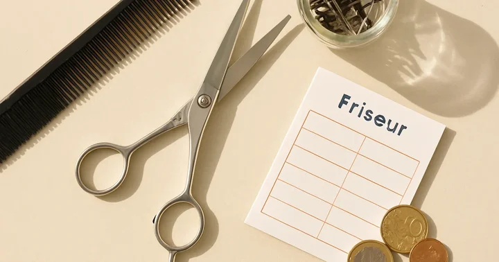 Hair scissors, comb, clips and a salon appointment card arranged top-down, illustrating a German Friseur visit.