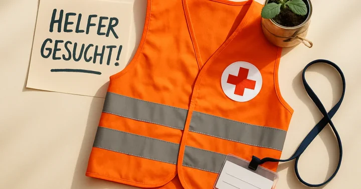 An orange volunteer vest beside a German 'Helfer gesucht' flyer and a donation tin, illustrating expat volunteering in Germany.