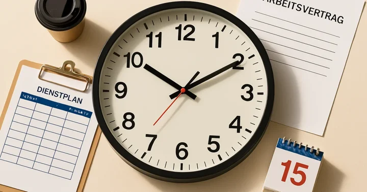A wall clock, Dienstplan clipboard, and Arbeitsvertrag document arranged flat-lay, illustrating working hours in Germany.